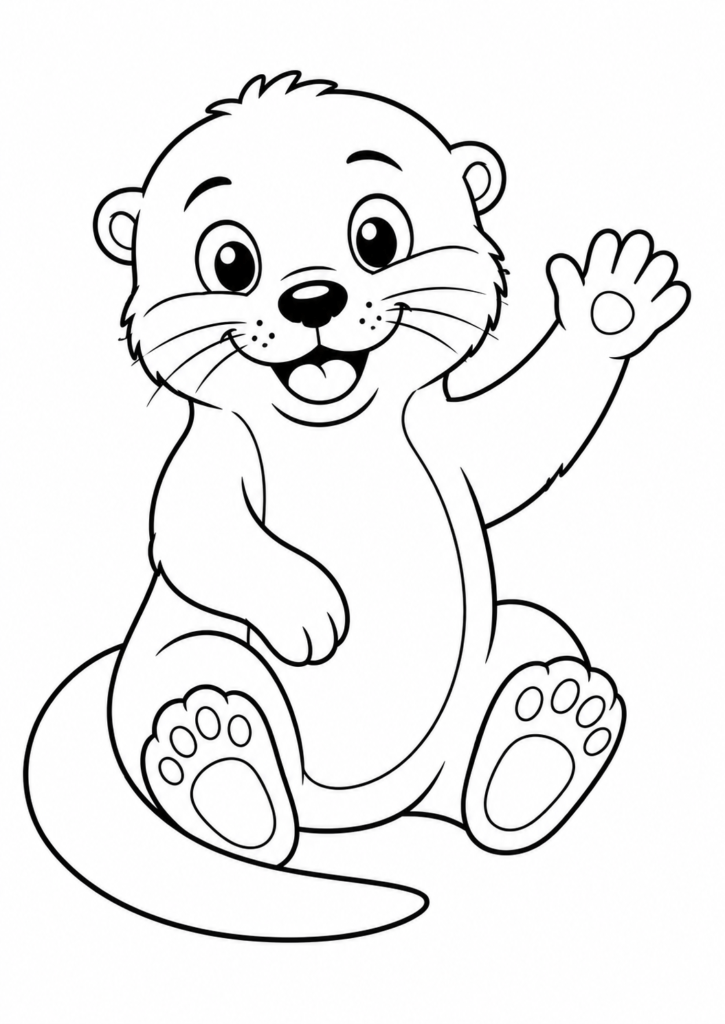 Friendly smiling otter waving on a white background printable coloring page for kids
