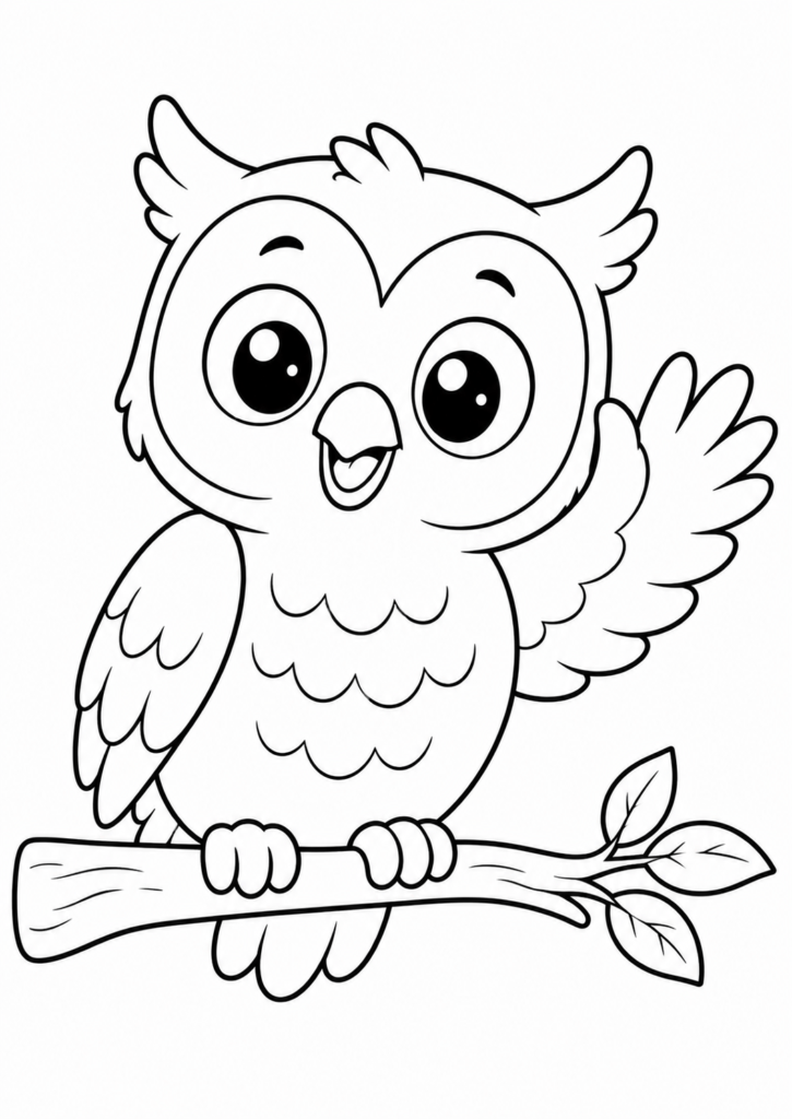 Friendly smiling owl sitting on a tree branch printable coloring page for kids