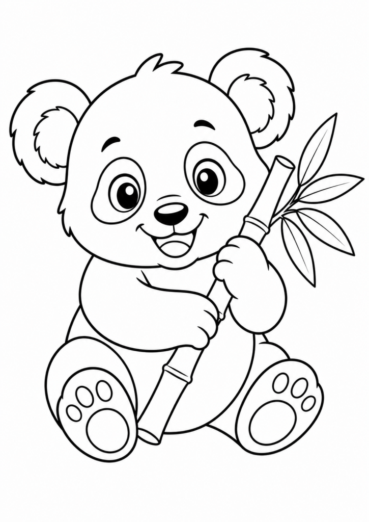 Friendly smiling panda holding a bamboo stalk printable coloring page for kids
