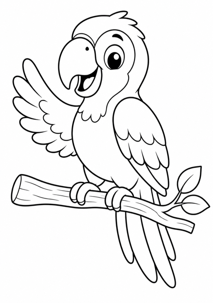 Friendly smiling parrot sitting on a branch printable coloring page for kids