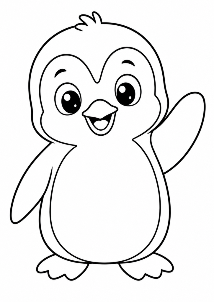 Friendly smiling penguin waving printable coloring page for kids