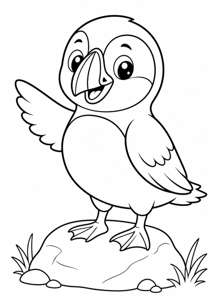 Friendly smiling puffin waving printable coloring page for kids