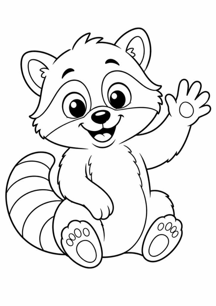 Friendly smiling raccoon waving with a striped tail printable coloring page for kids