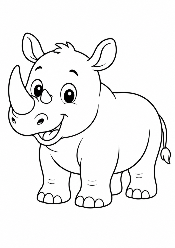 Friendly smiling rhinoceros on a white background printable coloring page for kids
