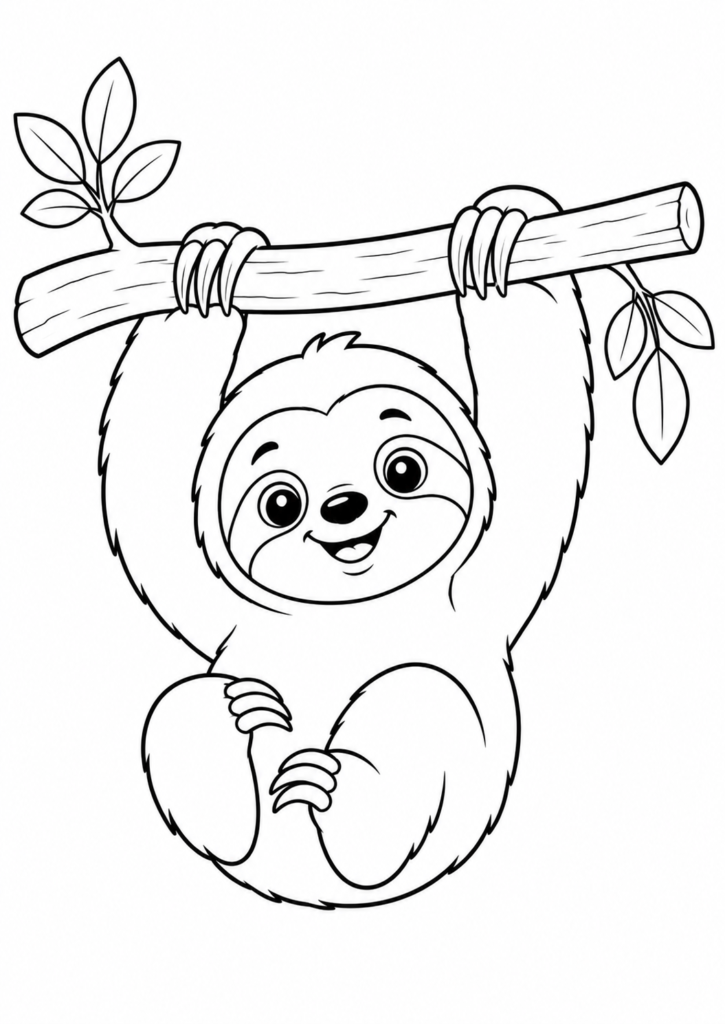 Friendly smiling sloth hanging from a tree branch printable coloring page for kids