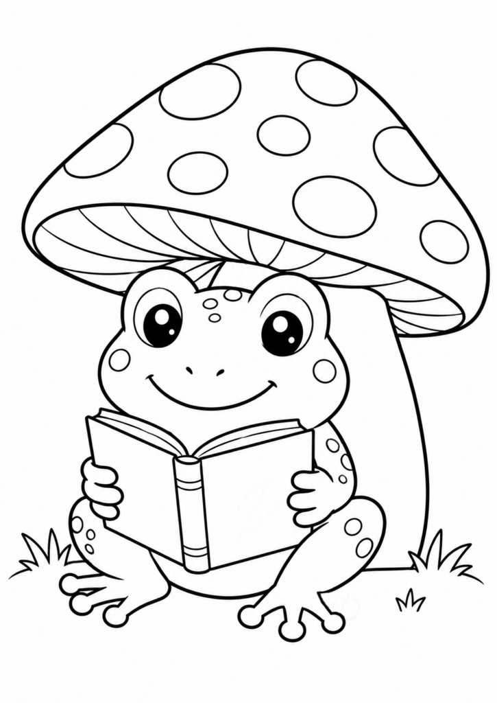 Cute frog reading a book under a giant mushroom coloring page