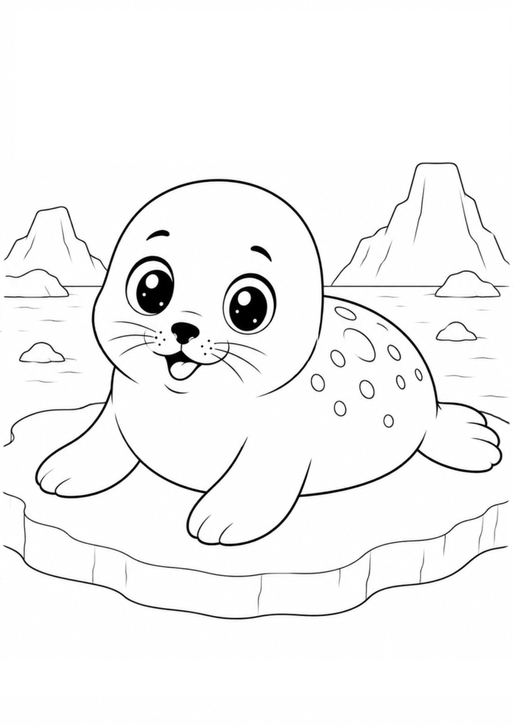 Cute baby harp seal pup resting on a floating ice floe in the Arctic printable coloring page for kids