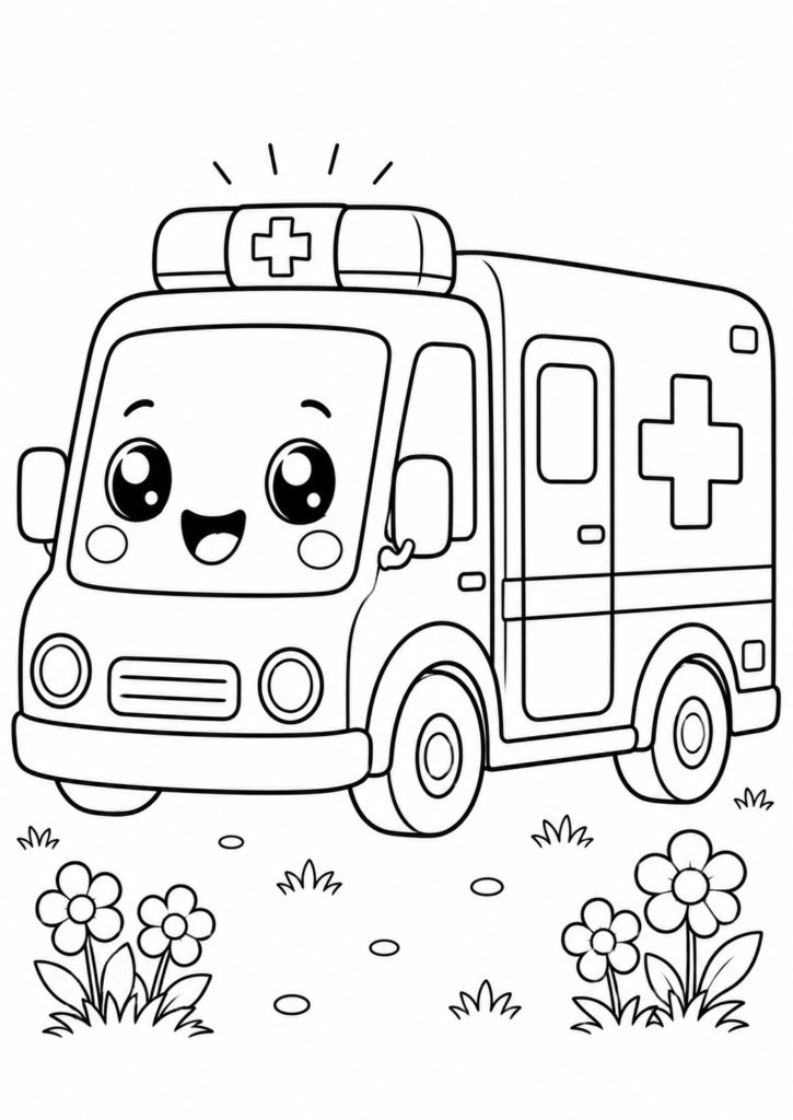 Cute kawaii ambulance with a smiling face and medical cross parked on a simple grassy field printable coloring page for kids