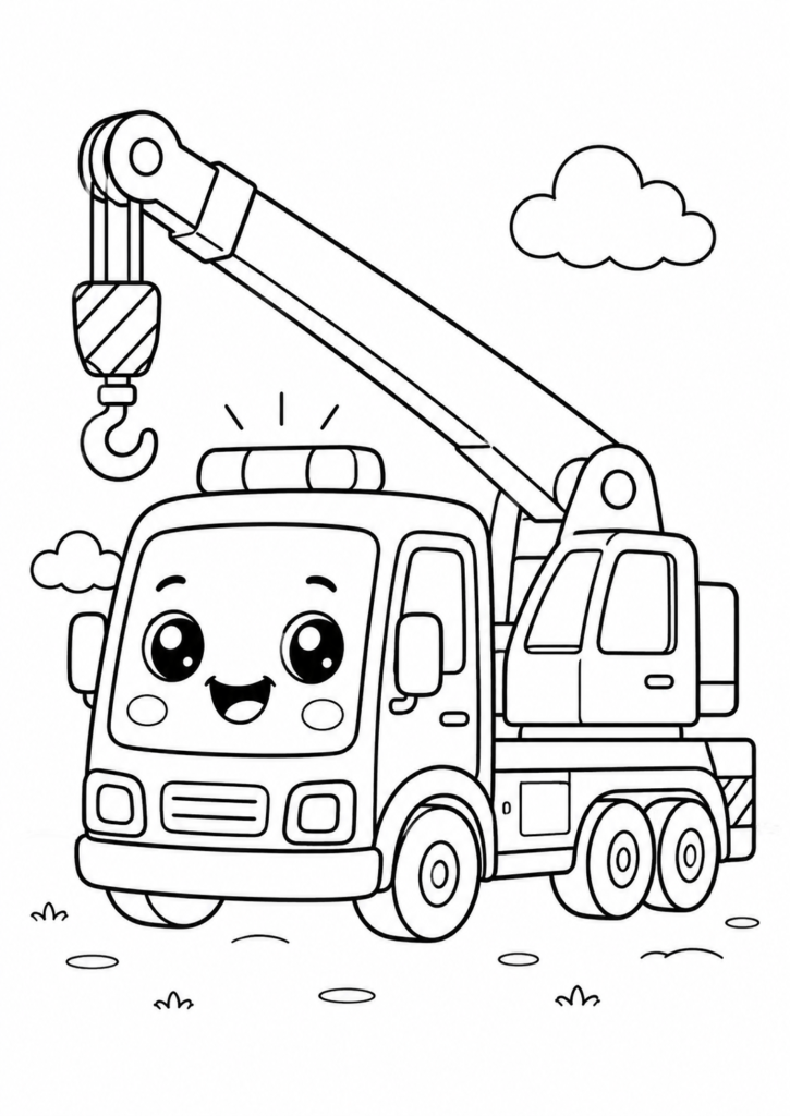 Cute kawaii crane truck lifting a hook on a simple construction site printable coloring page for kids