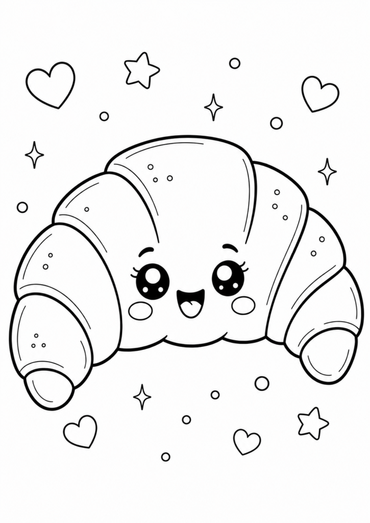 Cute smiling croissant with flaky layers printable kawaii bakery coloring page for kids