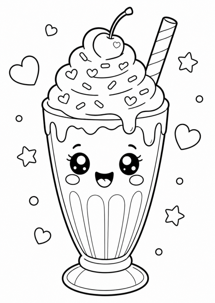 Cute smiling milkshake topped with whipped cream, sprinkles, and a cherry printable kawaii dessert coloring page for kids