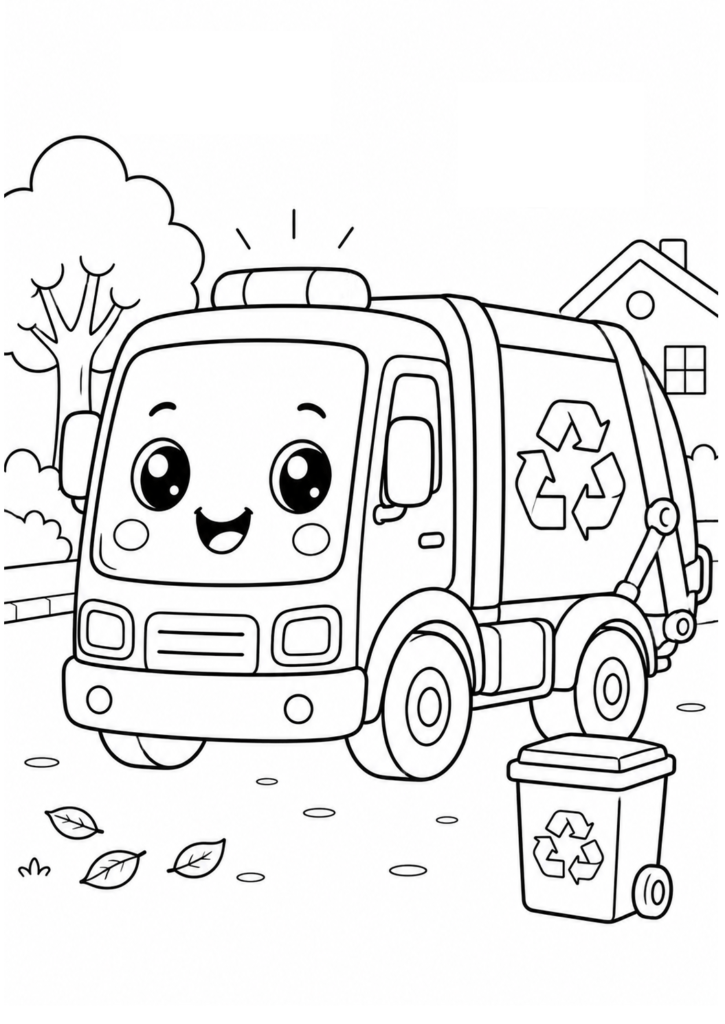 Cute kawaii recycling truck collecting recyclable waste with a recycling bin printable coloring page for kids