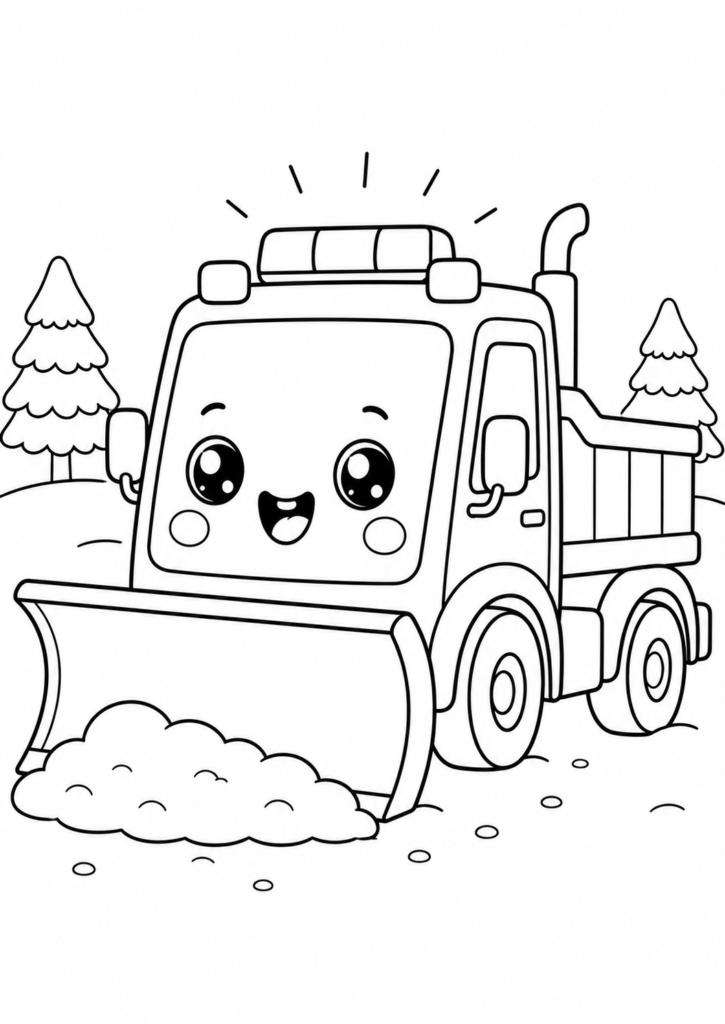 Cute kawaii snowplow truck clearing snow on a winter road printable coloring page for kids