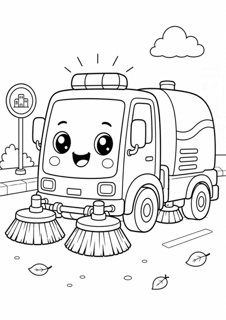 Cute kawaii street sweeper truck cleaning a city street with spinning brushes printable coloring page for kids