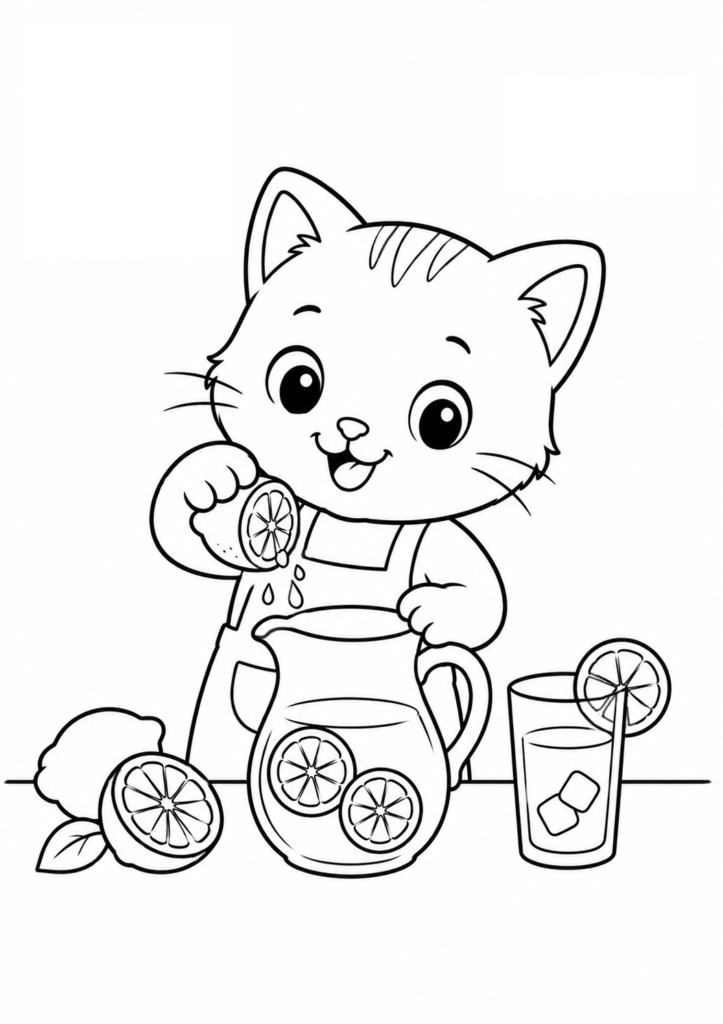 Cute kitten squeezing fresh lemons into a lemonade pitcher printable summer coloring page for kids