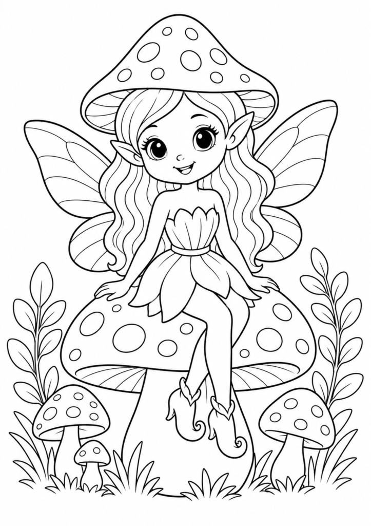 Cute mushroom fairy sitting on a giant spotted mushroom in a magical forest coloring page for kids