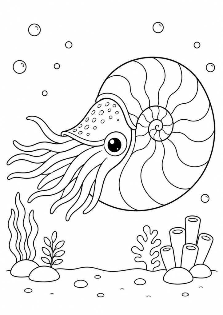 Cute nautilus with a spiral shell swimming above the ocean floor printable coloring page for kids