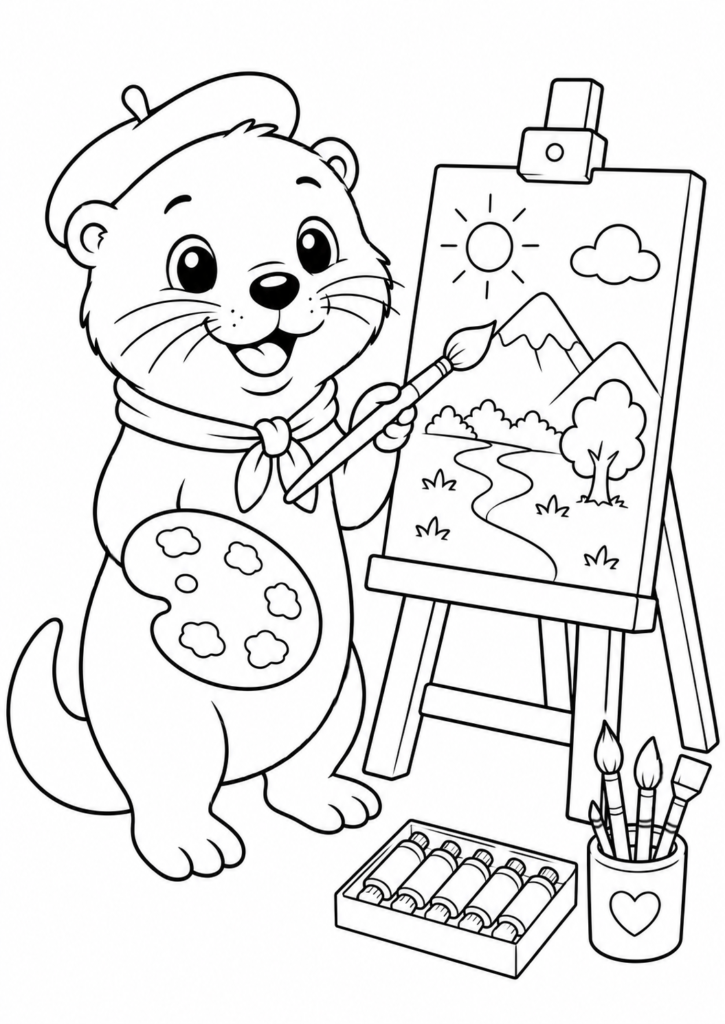 Cute otter painting a landscape on an easel with a paintbrush coloring page