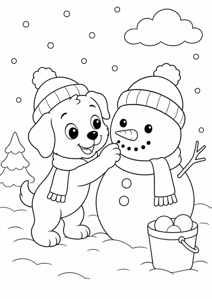 Cute puppy building a smiling snowman in a snowy winter landscape printable coloring page for kids