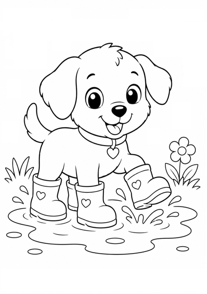 Cute puppy wearing colorful rain boots splashing in a puddle printable coloring page for kids