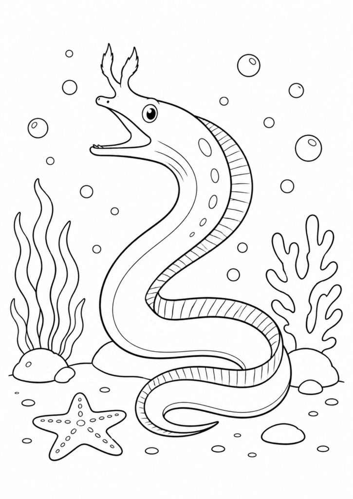 Cute ribbon eel swimming through seaweed and coral on the ocean floor printable coloring page for kids