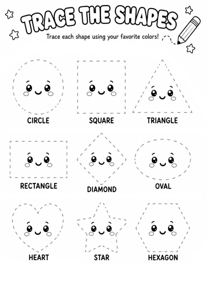 Trace basic shapes with cute smiling faces printable preschool worksheet and coloring page