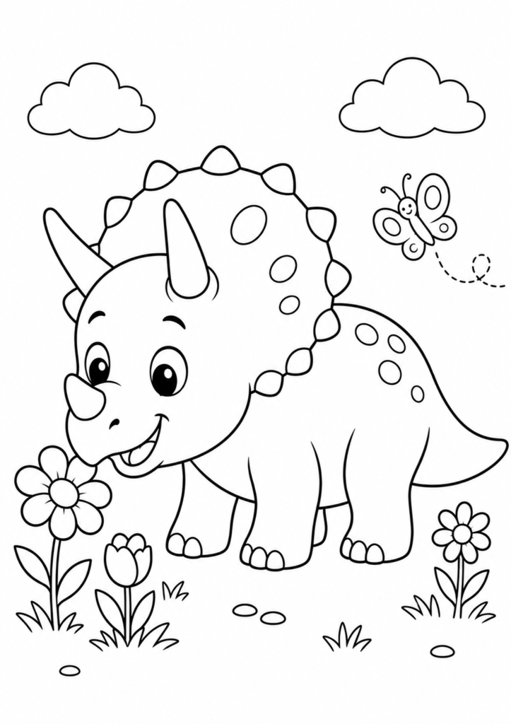 Cute triceratops visiting a simple flower garden with colorful flowers and a butterfly printable coloring page for kids