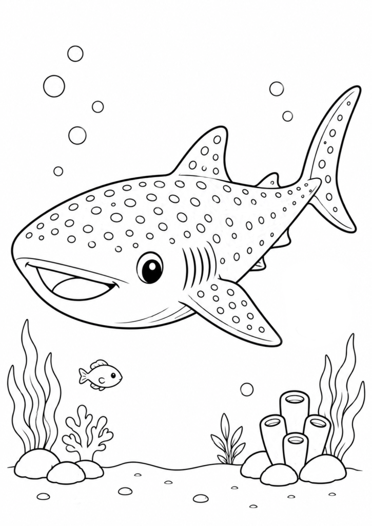 Cute whale shark swimming with small tropical fish above the ocean floor printable coloring page for kids