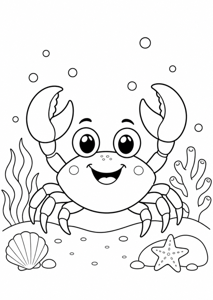 Friendly smiling crab printable coloring page for kids