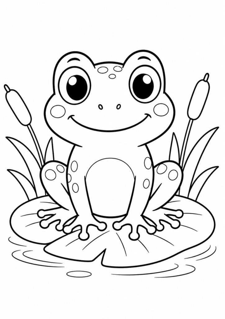 Friendly smiling frog sitting on a lily pad printable coloring page for kids
