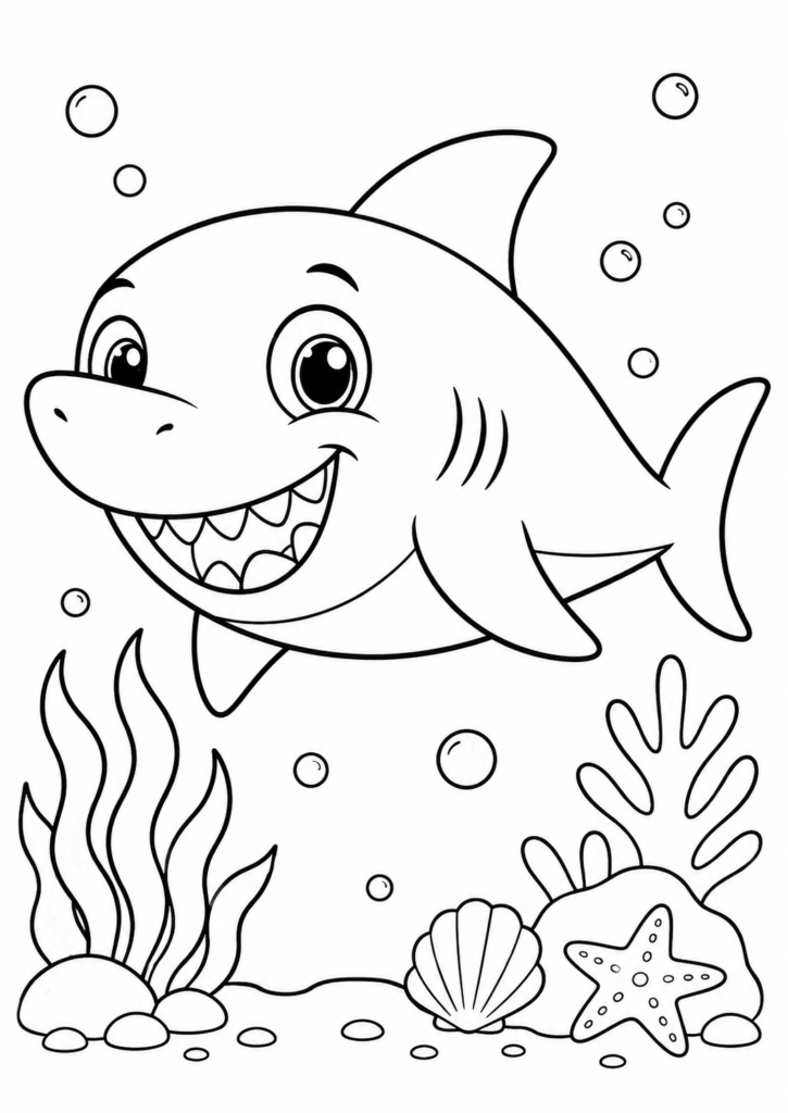 Friendly smiling shark printable coloring page for kids