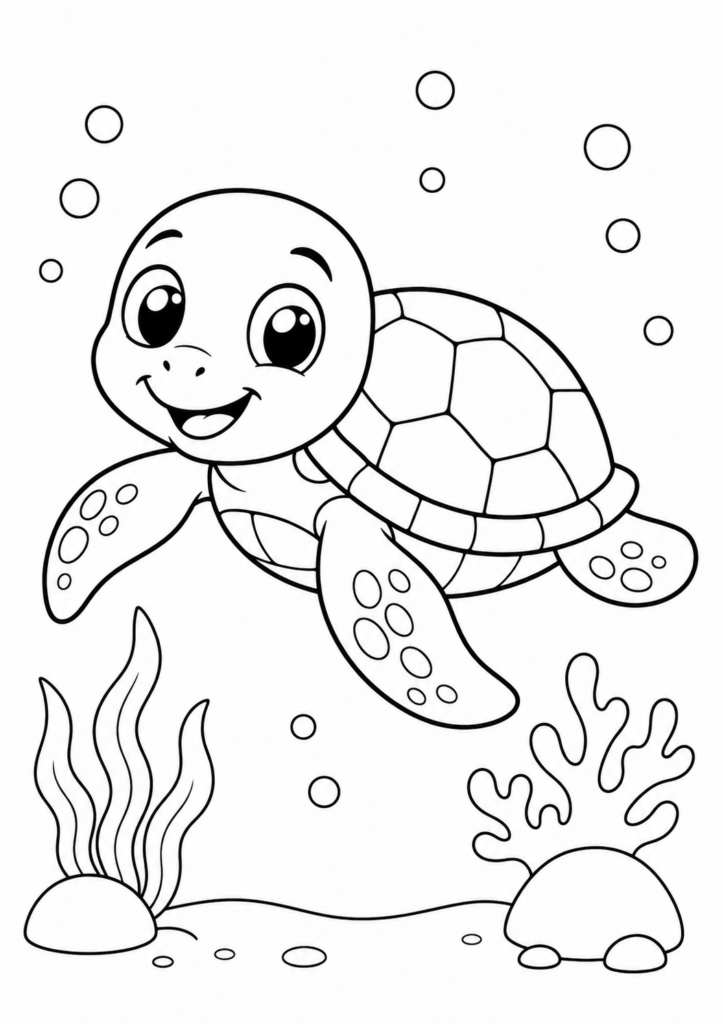 Friendly smiling turtle swimming printable coloring page for kids