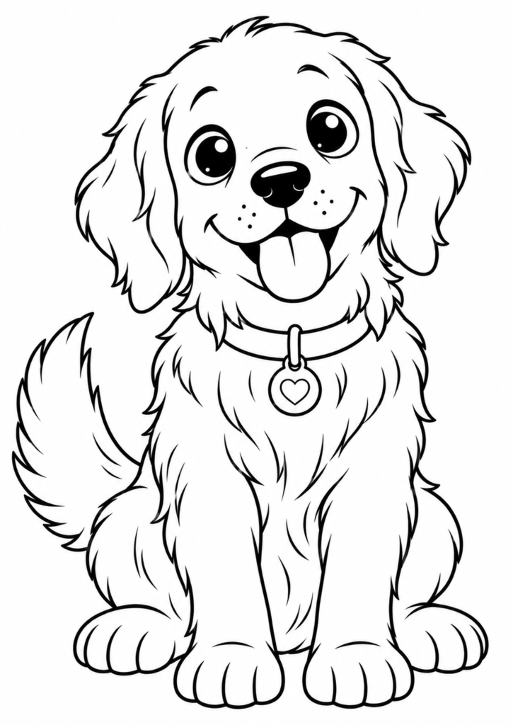 Friendly smiling Golden Retriever puppy printable coloring page for kids
