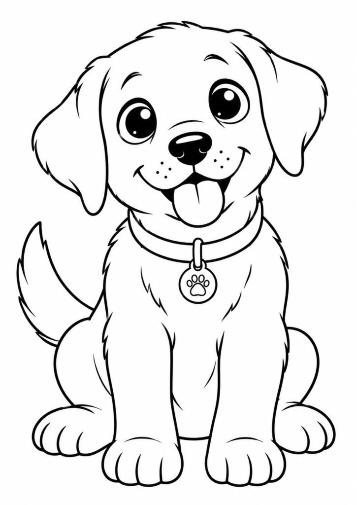 Friendly smiling Labrador Retriever puppy printable coloring page for kids