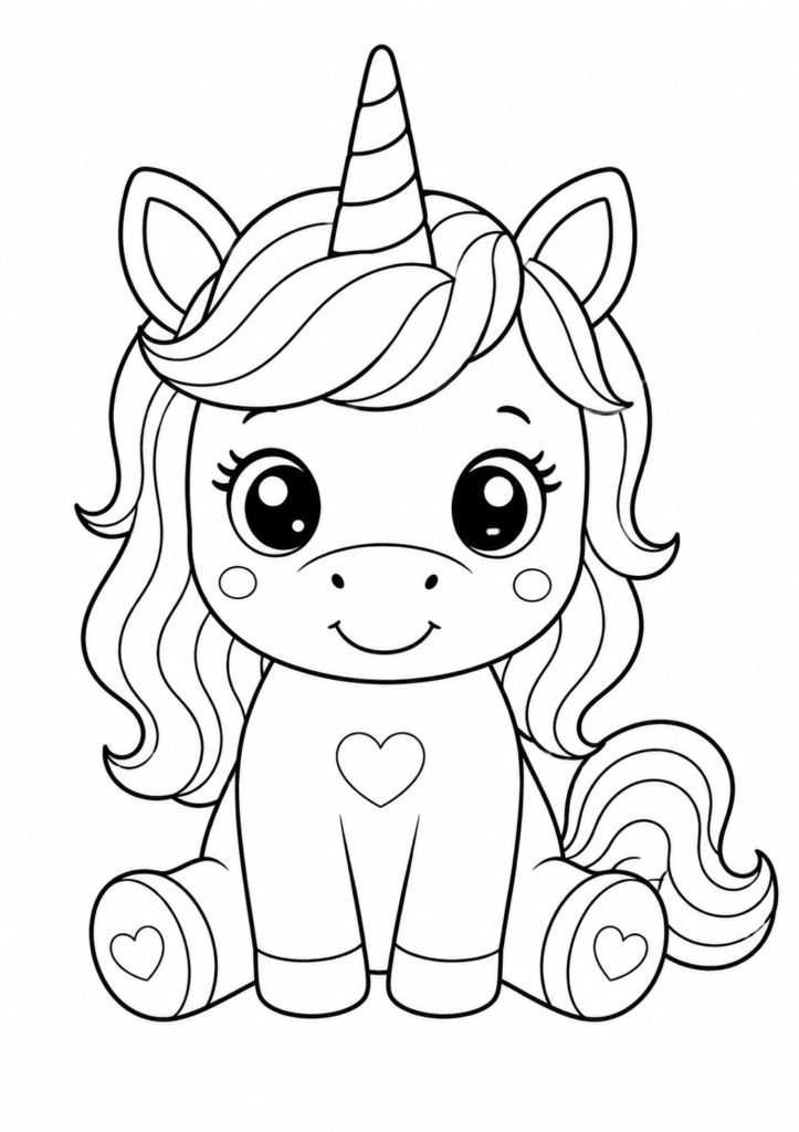 Friendly smiling unicorn printable coloring page for kids