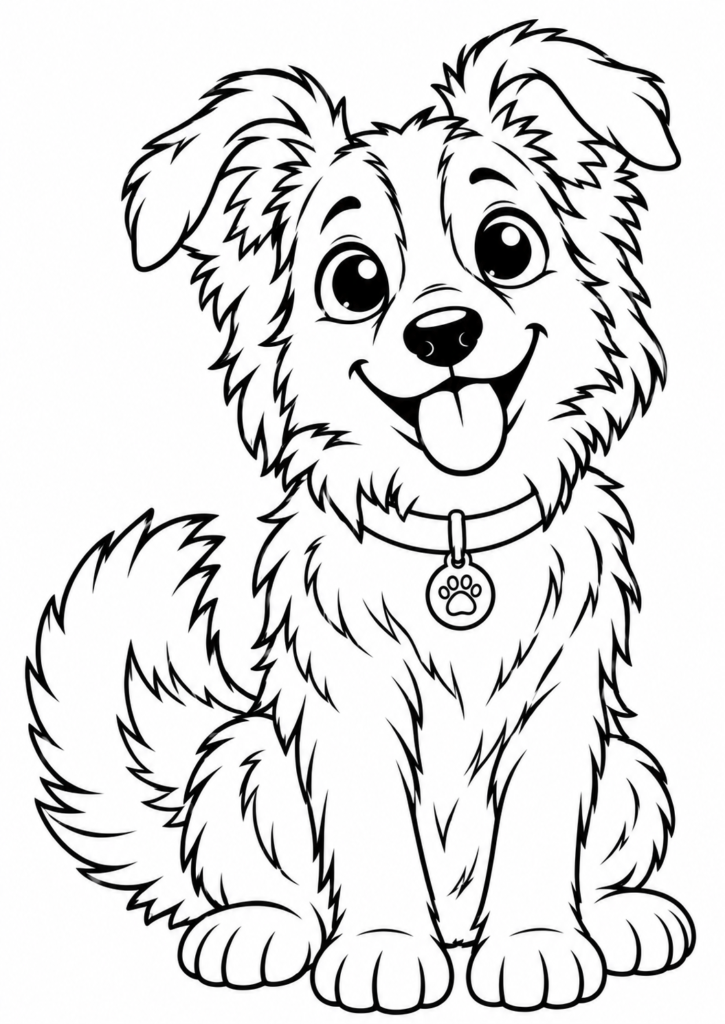 Friendly smiling Border Collie puppy printable coloring page for kids