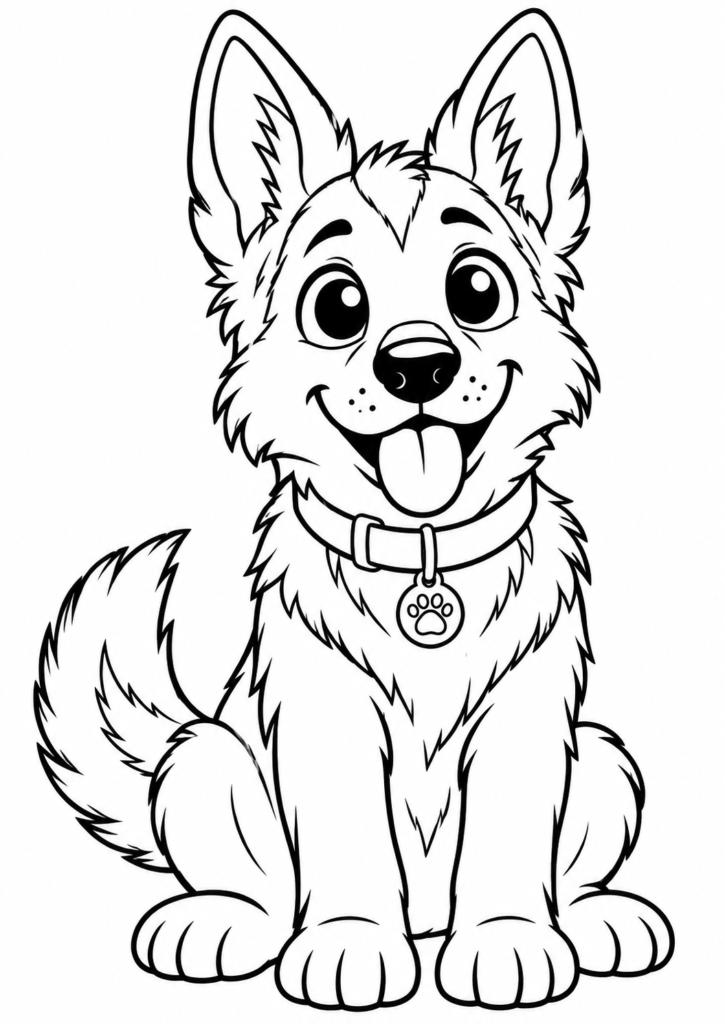 Friendly smiling German Shepherd puppy printable coloring page for kids